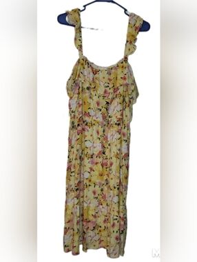 Women's LC Lauren Conrad Ruffle Midi Dress XXL Yellow Pink Floral Linen Blend